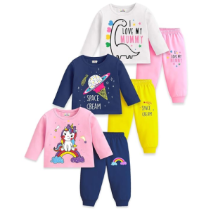 Shenine Baby Girls Cotton T-Shirt & Pyjama Set | Pack of 3 | Soft, Breathable & Comfortable Everyday Wear