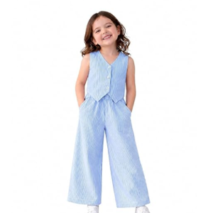 Shenine Girls Blue Striped Sleeveless Jumpsuit | Stylish Kids Western & Casual Wear